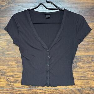 Rue21 Women's Top - Black Thermal, Short Sleeve, V Neck, Button Up - Size XS